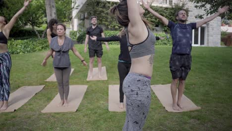 Barfuß-Sportliche-Menschen-Praktizieren-Yoga-Im-Freien